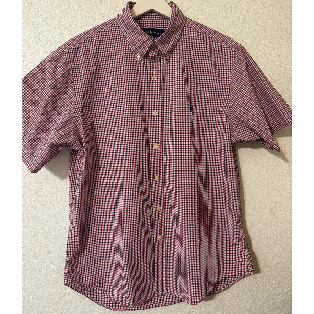 Ralph‎ Lauren Mens Button Down Shirt Short Sleeve Red Blue Gingham